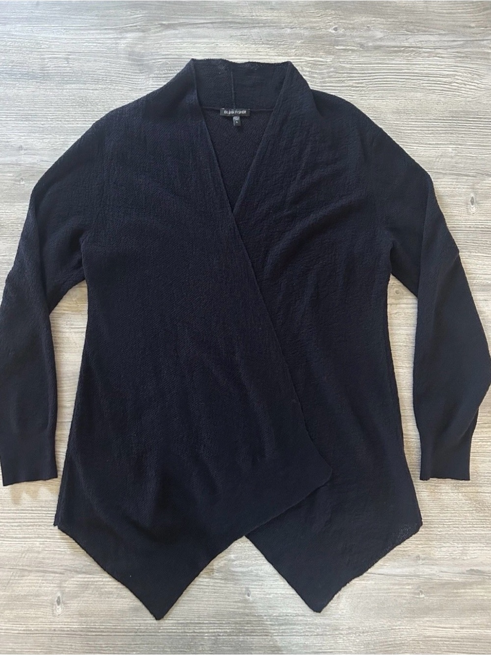 Eileen Fisher Wool Asymmetrical Open Front Wrap Cardigan Black Sweater Large